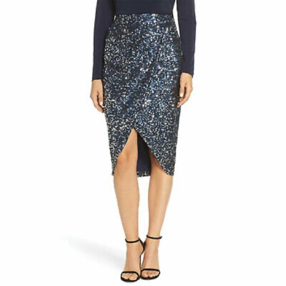 Eliza J faux wrap blue silver sequin skirt